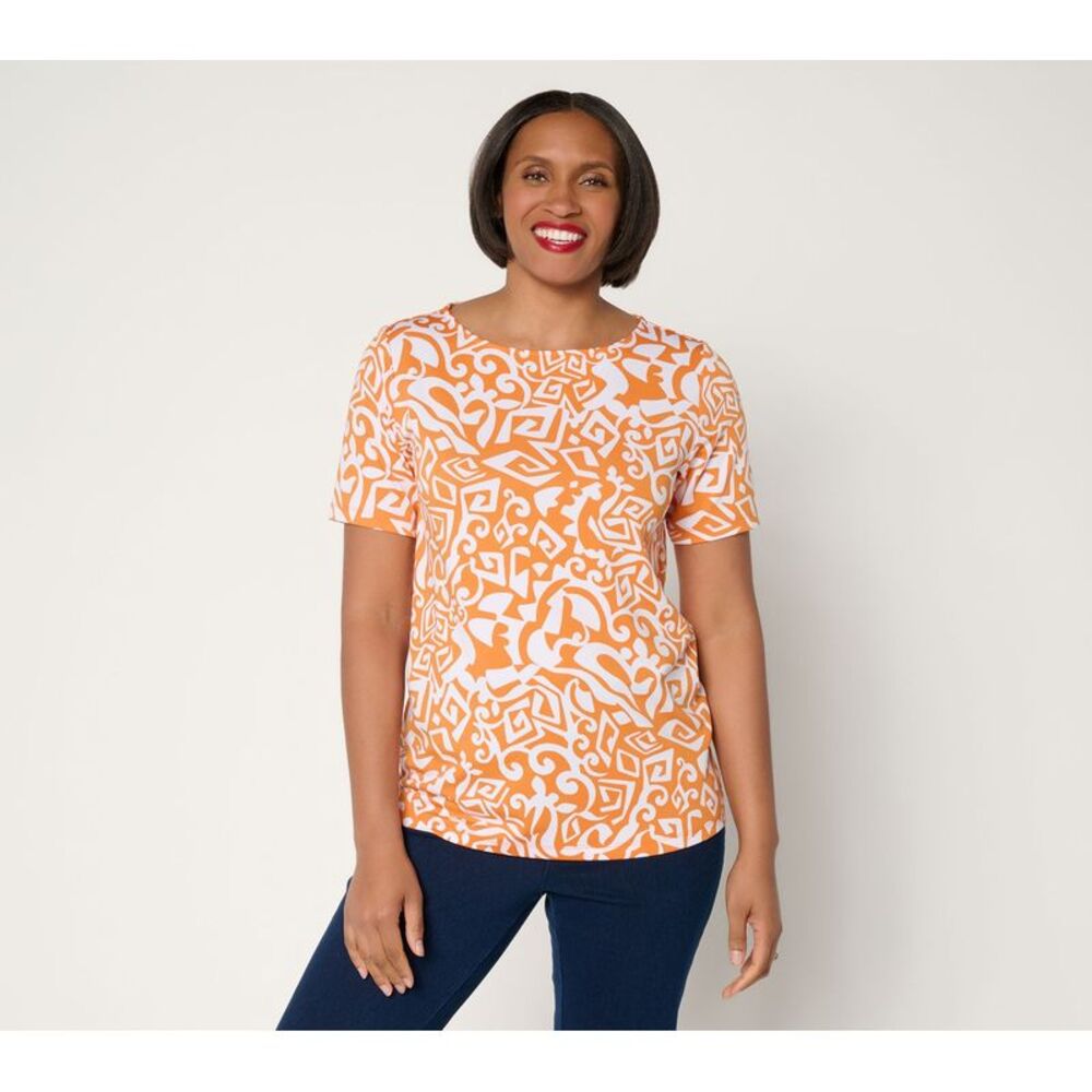 Susan Graver Women's Top Sz L Printed Butterknit Bateau Grapefruit Grove